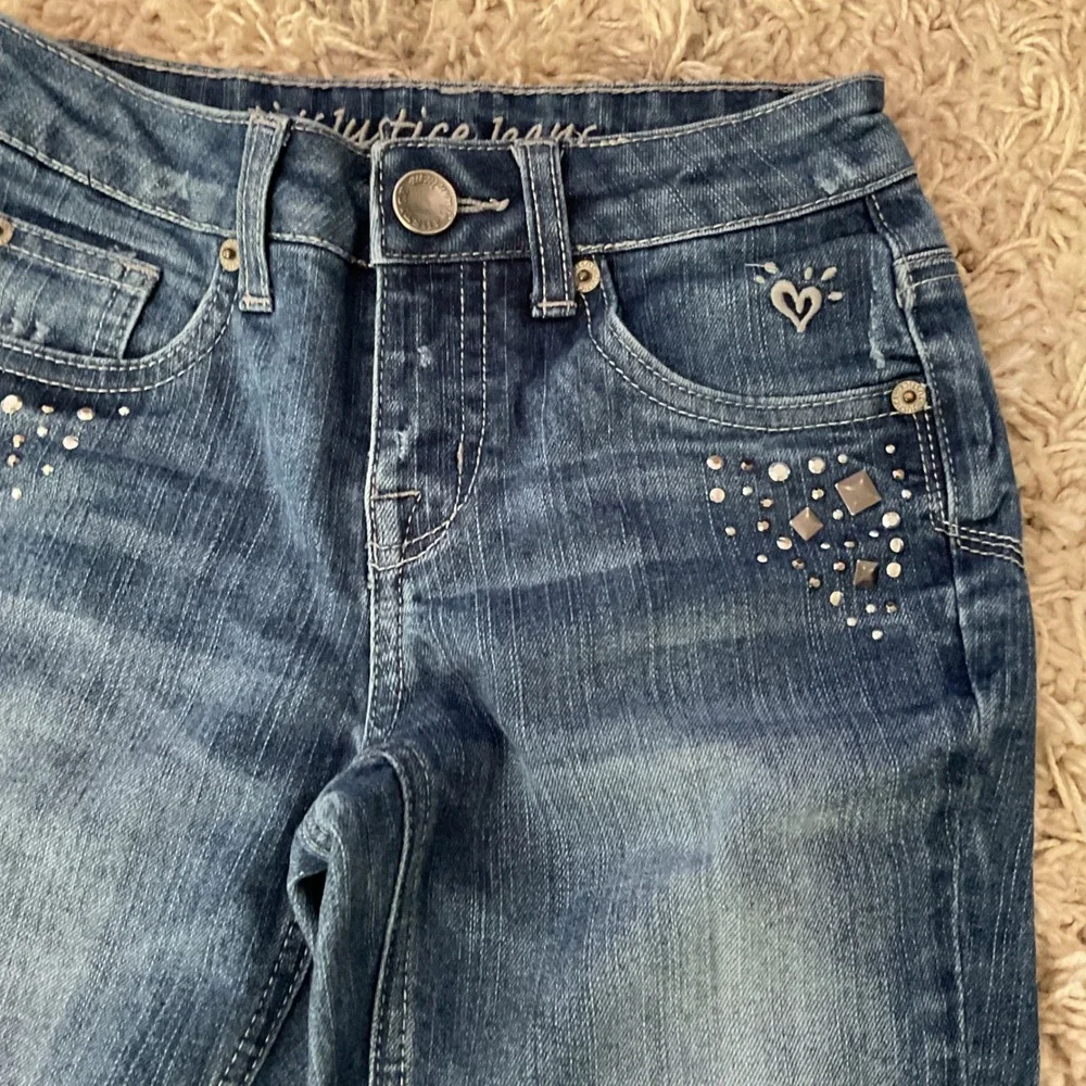 Justice Girls Simply Low Slim Jeans Medium Wash Rhinestone Studded Size 10S